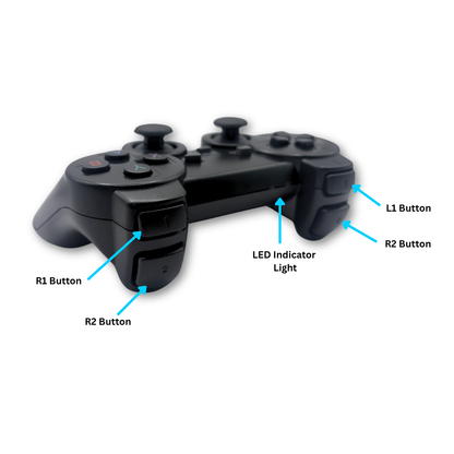 Black wireless PS gamepad controller side view with labelled R1, R2, L1 and L2 trigger buttons and LED indicator light