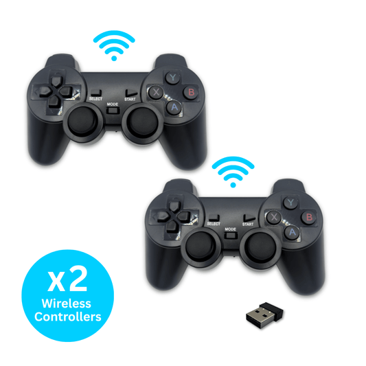 Two black wireless PS gamepad controllers twin pack with USB wireless receiver dongle and x2 Wireless Controllers badge
