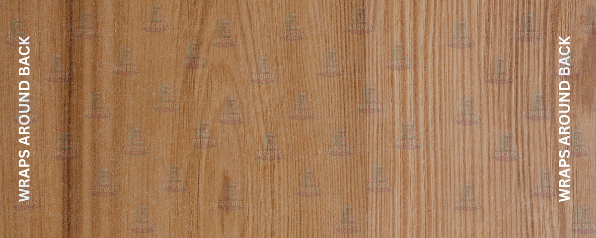 Woodgrain Edition arcade control panel overlay featuring warm authentic woodgrain finish inspired by classic 1980s arcade cabinets for DIY arcade cabinet builds.